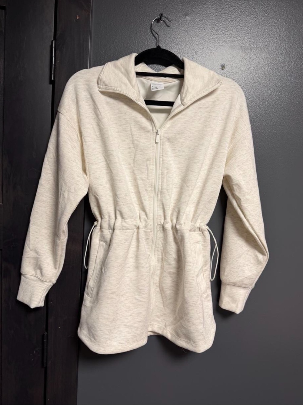 NWOT All In Motion Cream Heather Cinch Waist Full Zip Tunic Jacket Small
